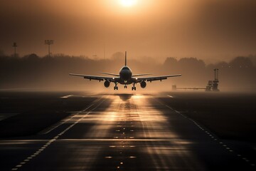 Dark dawn as a plane ascends over an airport runway. Generative AI