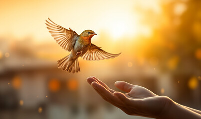 zahmer Vogel landet auf der Hand im Sonnenuntergang - obrazy, fototapety, plakaty