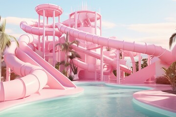 pink water slide and pool in different angles. Generative AI