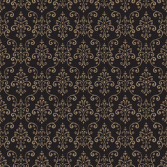 Seamless Golden Damask Pattern On Black Background