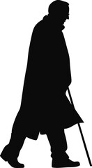 Silhouette of an old man with walking stick on a white background, vector illustration. Silhouette of an old woman, man