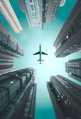 a plane passes by tall buildings in a skyline,