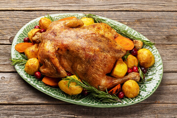 Thanksgiving turkey on rustic wooden table