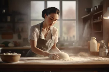 Photo sur Plexiglas Pain cute girl Focus on kneading bread dough to make a variety of breads in a kitchen with plenty of natural light.