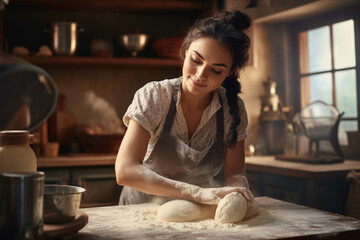 Obraz na płótnie Canvas cute girl Focus on kneading bread dough to make a variety of breads in a kitchen with plenty of natural light.