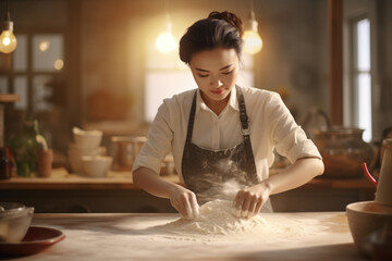 Fototapeta na wymiar cute girl Focus on kneading bread dough to make a variety of breads in a kitchen with plenty of natural light.
