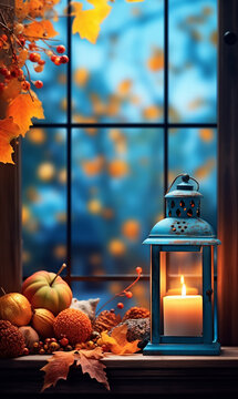 Herbstdekoration in der Wohnung mit Blick in die Natur