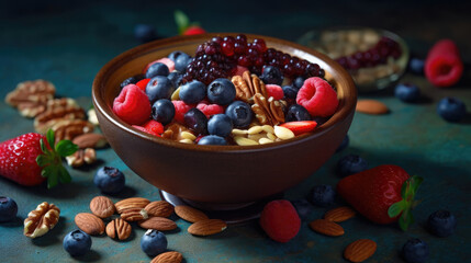 A healthy snack bowl with nuts and berries, AI Generated