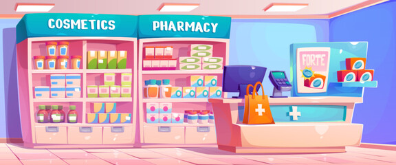 Cartoon pharmacy interior with drugs on shelves. Vector illustration of drugstore, cosmetic bottles, boxes of pills, tablets on shelf, computer and pos terminal on cash desk, pharmaceutical business