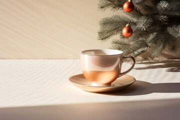 A cup of tea or coffee on a white table against a beige wall, accented with a fir branch and red Christmas ornaments. The minimalist setup highlights light and shadow, with copy space available