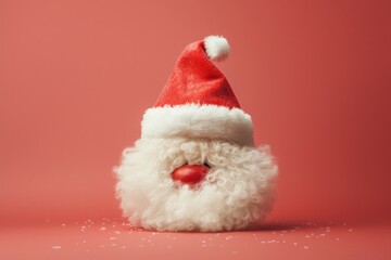 Minimalist Christmas concept featuring Santa's beard with a red nose and a red hat against a vibrant red background. Perfect for holiday cards and greetings