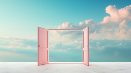 Surreal image of pink open doors against a sky filled with clouds, symbolizing freedom, opportunity, and imagination in a minimalist, magical realism setting - obrazy, fototapety, plakaty