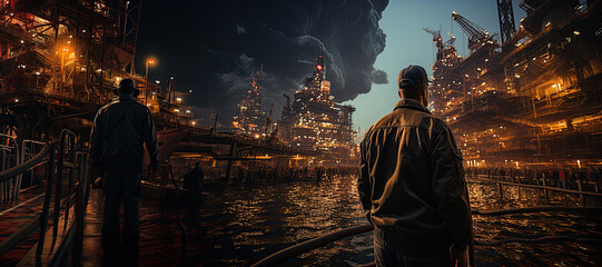 engineer stands on an oil drilling platform amidst the vast sea, working to extract vital resources.Generated with AI