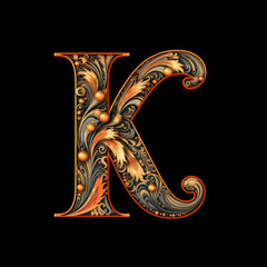 Naklejka premium A letter K with gold leaves and flowers on a black background