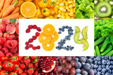 Fruits and vegetables. New year 2024 made of fruits and vegetables. Healthy food