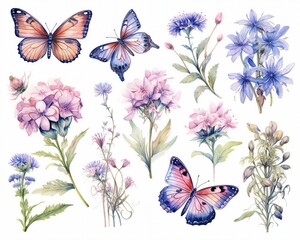 Colorful bouquet of flowers surrounded by vibrant butterflies on a clean white background