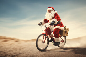 santa claus driving tricycle having gifts on the trycycle basket strong contrast, crisp and clean look - obrazy, fototapety, plakaty