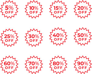 Price tags, special offer or shopping discount label with percent, discount. Red Paper sticker. 10, 20, 25, 30, 35, 40, 50, 60, 70, 80, 90  percent price. Promotional sale. Vector illustration.