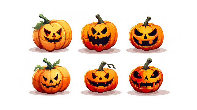 Set of scary halloween pumpkins on white background. 
