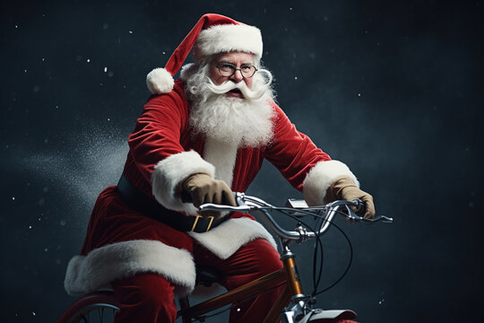 santa claus driving tricycle having gifts on the trycycle basket strong contrast, crisp and clean look