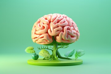 Brain Plant Growing 3D Rendering, Creativity growth, Thinking Positive and Memory Improvement, Creaitve Ideas Smart Thinking.