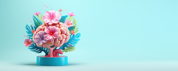 Brain Plant Growing 3D Rendering with Empty Copyspace, Creativity growth Banner, Thinking Positive and Memory Improvement, Creaitve Ideas Smart Thinking.