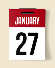 27 January Calendar Date, Realistic calendar sheet hanging on wall
