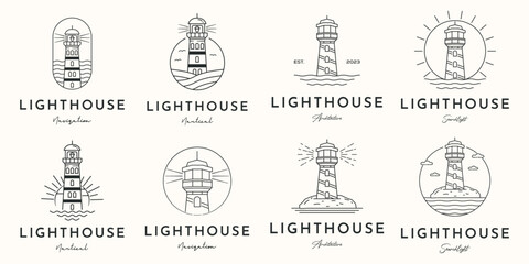 set of maritime lighthouse tower logo line art vintage vector illustration concept template icon design, collection of searchlight navigation with ocean view concept vector illustration logo design