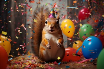 An exuberant squirrel wearing a vibrant birthday hat, embraced by vivid confetti and balloons against a festive party background. Generative AI