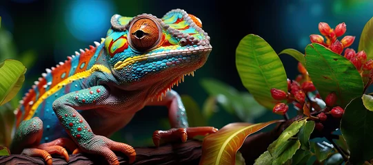 Foto op Canvas A beautifully colored chameleon perches on a vibrant leaf,  vivid hues in its natural rainforest ,Generated with AIhabitat. © Chanwit