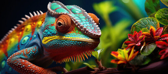 A beautifully colored chameleon perches on a vibrant leaf,  vivid hues in its natural rainforest ,Generated with AIhabitat. - obrazy, fototapety, plakaty