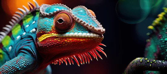 Keuken spatwand met foto A beautifully colored chameleon perches on a vibrant leaf,  vivid hues in its natural rainforest ,Generated with AIhabitat. © Chanwit