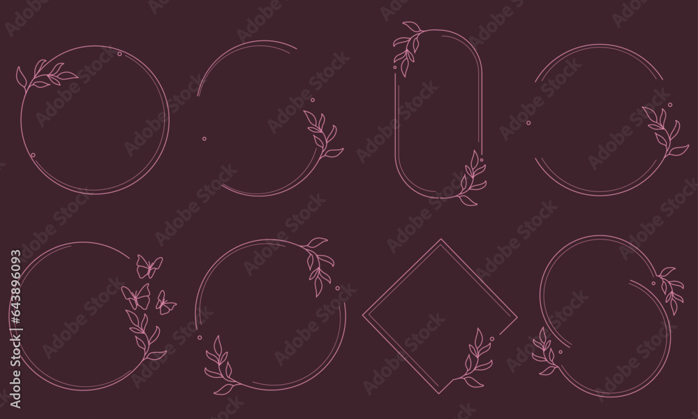 Poster floral frame set in trendy outline style. vector minimal boho frame collection. linear botanical bor