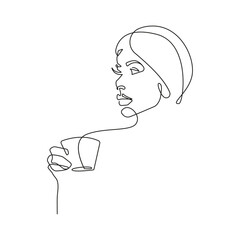 Woman with Coffee Cup Line Art Drawing. Fashion Female Portrait Minimalist Style. Woman Face Linear Drawing for Fashion Design. Female Continuous Line Art Minimal Print. Vector EPS 10 