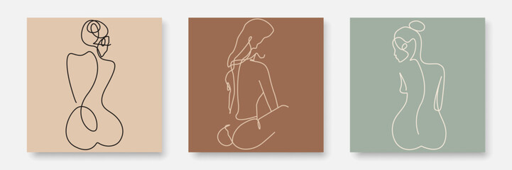 Woman Body Prints Set in Trendy Linear Style. Female Figure Creative Abstract Line Drawing Set. Beauty Fashion Female Wall Art. Vector Minimalist Design for Wall Decor, Print, Card, Poster. 