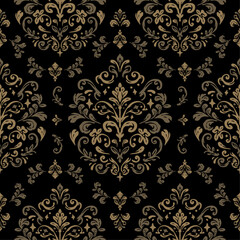 Brown And Gold Damask Seamless Vintage Pattern. Elegant Design in Royal Baroque Style Background Texture. Floral and Swirl Element. Brown Colors. Ideal for Textile Print and Wallpapers.