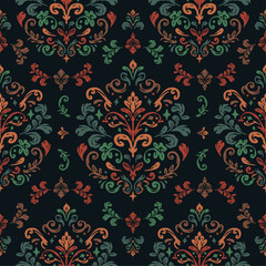 Colorful Damask Seamless Vintage Pattern. Elegant Design in Royal Baroque Style Background Texture. Floral and Swirl Element. Blue, Orange, Green, Brown Colors. Ideal for Textile Print and Wallpapers.