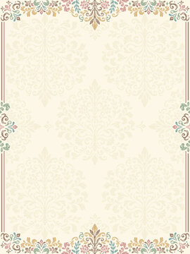 Vector design of postcard in pastel colors with luxurious ornaments. Invitation wedding card design with space for your text and vintage patterns.