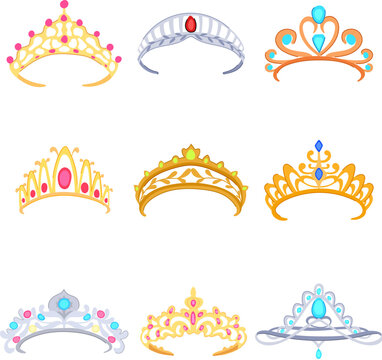 tiara set cartoon. queen jewelry, king girl, fashion logo tiara sign. isolated symbol vector illustration