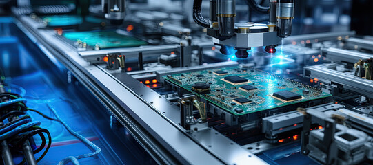 Component Installation and Quality Control of Circuit Board. Fully Automated PCB Assembly Line Equipped with High Precision Robot Arms at Electronics Factory. Generated with AI - 643896214