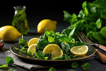 Obraz na płótnie Canvas A Salad plate of spinach with lemons on it, Generative AI