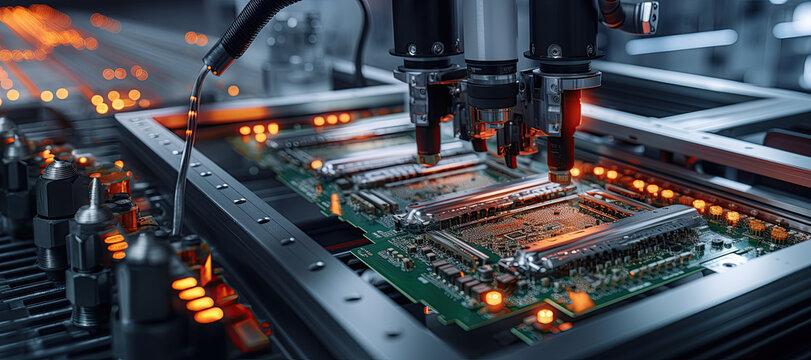 Component Installation and Quality Control of Circuit Board. Fully Automated PCB Assembly Line Equipped with High Precision Robot Arms at Electronics Factory. Generated with AI