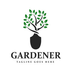 Planting Tree Leaves with Shovel Spade Shovel for Garden Agriculture Environmental Logo Design Vector. Landscape Gardener