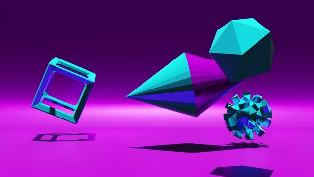 Abstract 3d render motion graphics - metallic cone, cube, sphere and other elements looping animation background