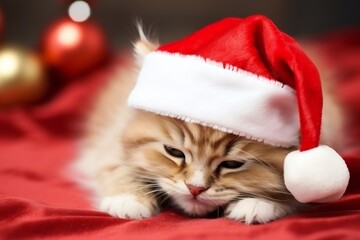 Obraz na płótnie Canvas cute small kitten sleeping in santa hat 