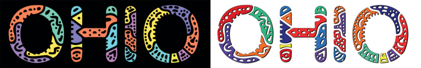 OHIO. Multicolored bright isolate curves doodle letters. US American state OHIO for print, travel booklet, banner, flyer. Stock vector.