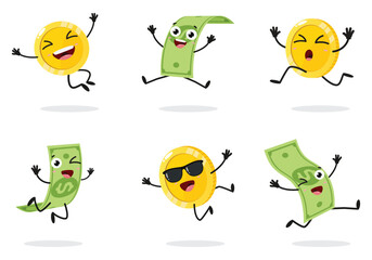 Set of jumping green paper money and gold coins