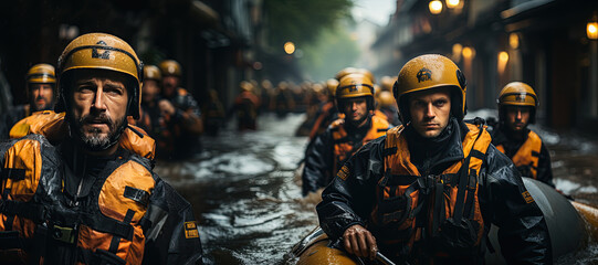 Fototapeta premium Rubber boat rescue team assisting people stranded on the roof of a flooded building amidst a severe storm and heavy rain