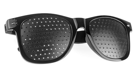 Black perforated glasses isolated on a white background. Medical spectacles. Pinhole glasses.