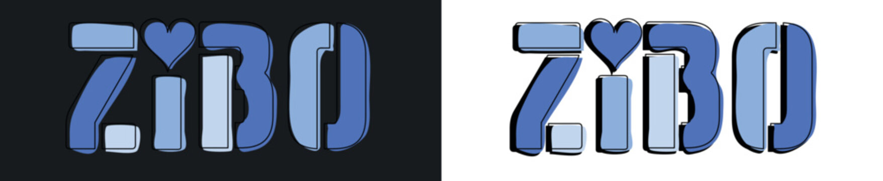 ZIBO with heart. Isolate curves doodle letters. Set 2 in 1. 3 colors. Chinese city ZIBO for social network, web resources, mobile apps, games. Stock picture.
